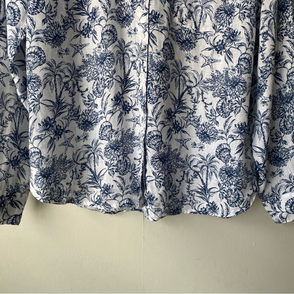 Garnet Hill Nautical Print 100% Linen Long Sleeve Button Shirt 8 Coastal Beachy - Picture 4 of 10